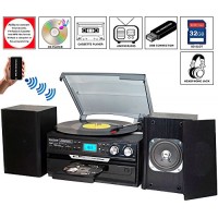 7-in-1 Boytone BT-24DJB Turntable with Bluetooth Connection, 3 Speed 33, 45, 78 Rpm, CD, Cassette Player AM, FM USB, SD Slot, Aux Input. Encoding V...