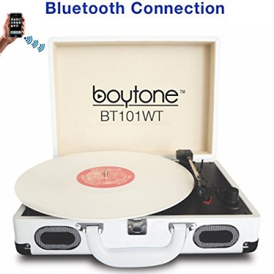 Boytone BT-101WT Bluetooth Turntable Briefcase Record player AC-DC, Built in Rechargeable Battery, 2 Stereo Speakers 3-speed, LCD Display, FM Radio...