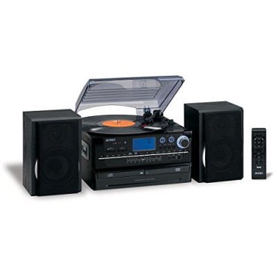 Jensen 3-Speed Turntable CD/AM/FM Music System Cassette Encoding, Dual Cd Loading, CD-R/RW Compatible with Aux Input, Remote Control & FREE Batteri...