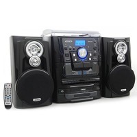 Jensen Bluetooth 3-Speed Stereo Turntable and 3 CD Changer with Dual Cassette Deck and AM/FM Radio & Remote Included