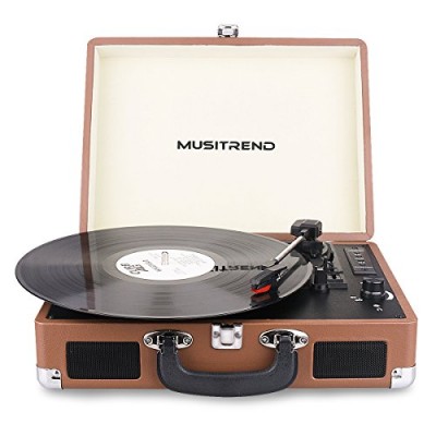 Musitrend Bluetooth Record Player Portable Suitcase Turntable with Built-in Speakers, USB/SD Recorder, Rechargable battery, Headphone Jack, RCA lin...
