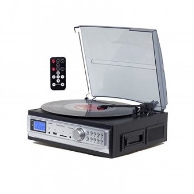 TechPlay ODC19 BK, 3-Speed Turntable & Cassett player W/SD USB, MP3 Encoding System and AM/FM Stereo Radio & built-in speakers